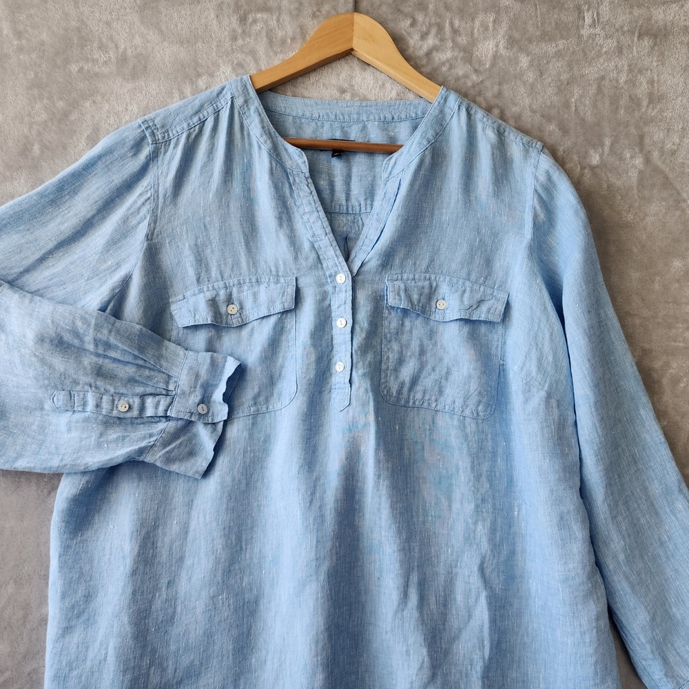 Talbots Linen Top Womens Size 1X Blue Button Tab Sleeve Blouse Shirt 100%